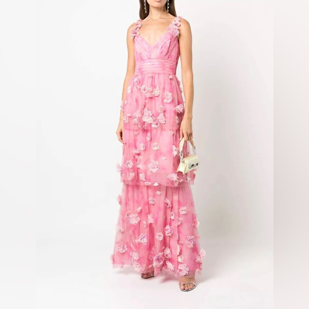 Romantic Pink Floral Appliqué V-Neck Prom Gown